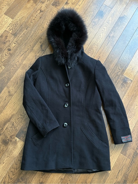 SACHI Jackets & Blazers - Sachi Black Hooded Wool/ Cashmere Blend Women's Coat with Real Fur Trim Size Med